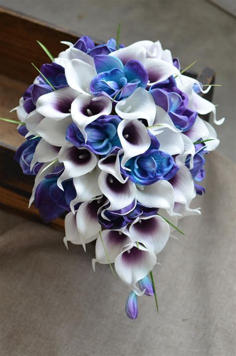 Blue Purple Bridal Bouquets Real Touch Blue Purple Orchids Etsy In