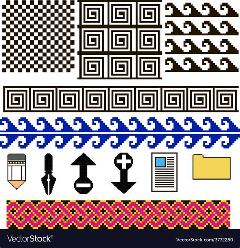 Set Of Patterns And Icons Pixel Art Royalty Free Vector