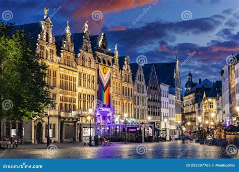 Architecture Of The Old Town Of Antwerp Belgium By Night Editorial