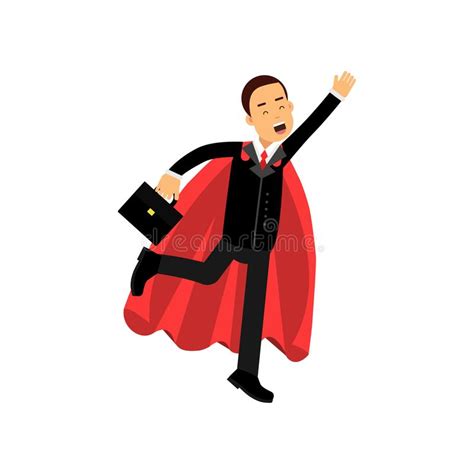 Cheerful Male Character With Briefcase And Superhero Cloak In Flying Action Business Man In