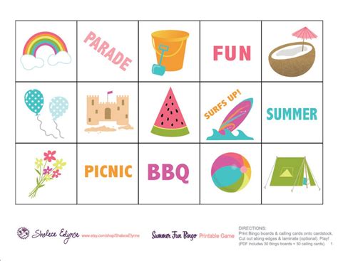 Summer Fun Bingo Printable Game Instant Download Etsy