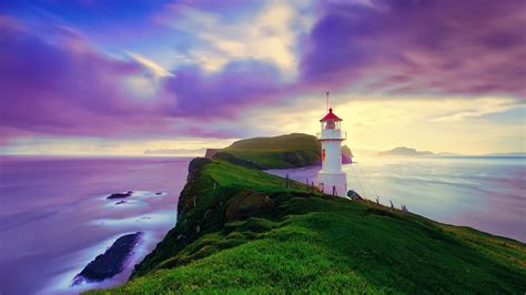 아이슬란드 페로 제도 등대 해안 황혼 보라색 하늘 배경 화면 1920x1080 배경 화면 다운로드 Kr