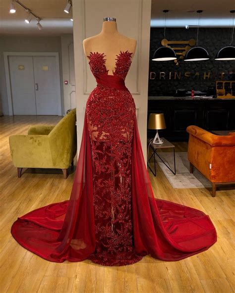 Sexy Illusion Red Lace Long Prom Dresses Chiffon Sweep Train See Through Sheer Formal Party