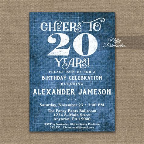 20th Birthday Invitations Blue Linen Rustic Cheers Nifty Printables