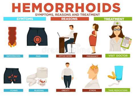 Hemorrhoids Symptoms Reasons And Treatment Poster Vector Stock Vector