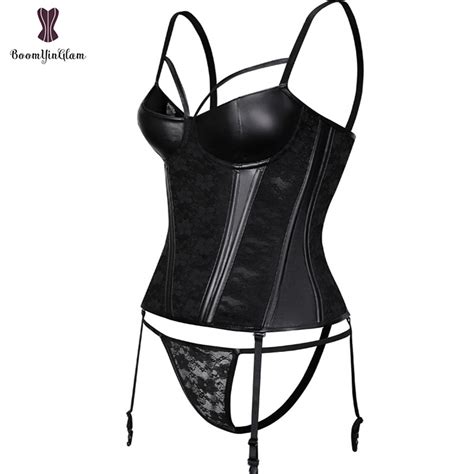 34 Padded Cup Womens Corset Faux Leather Stitching Lace Boned Corset
