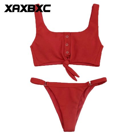 Xaxbxc 2018 Summer Solid Backless Bandage Button Thongs Two Piece Padded Sexy Bikini Set