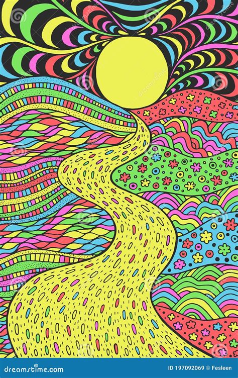 Psychedelic Landscape Colorful Trippy Artwork With Line Art Pathway