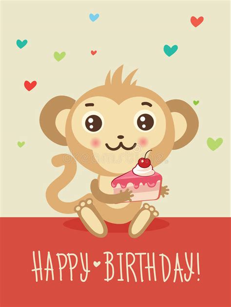 Happy Birthday Card With Funny Monkey And Cake In His