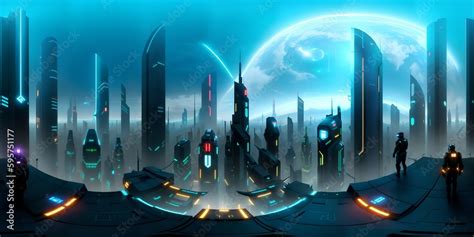 Cyberpunk Night City Tron Future 360 Panorama Hdri Stock Illustration