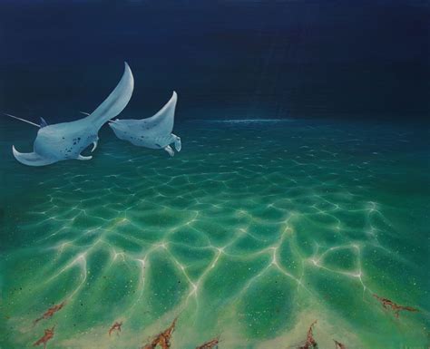 Manta Rays On Seabed Painting Deep Impressions Underwater Art