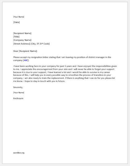 District Manager Resignation Letter Word Document Templates