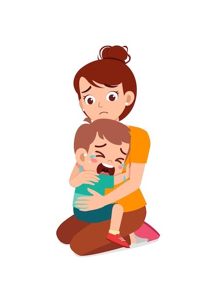 Joven Madre Abrazar A Niño Llorando Y Tratar De Consolar Vector Premium