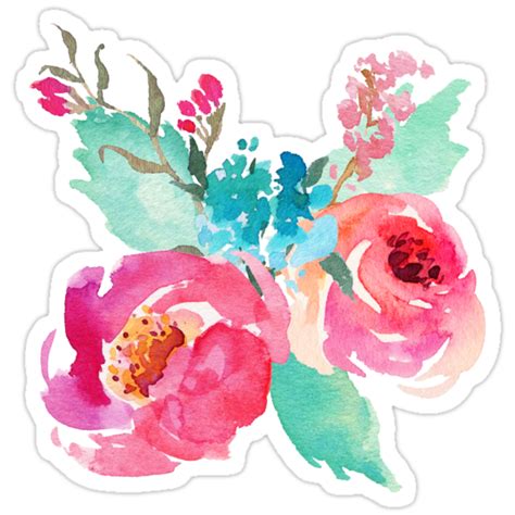 Pegatinas Watercolor Colorful Pink Coral Turquoise Flowers De