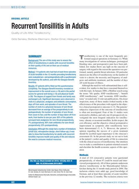 Pdf Recurrent Tonsillitis In Adults Quality Of Life After Tonsillectomy