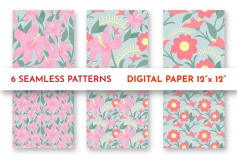 Make several of the crepe paper hibiscus flowers and you'll have a beautiful, tropical bouquet perfect for any summer time occasion! Bundle of 6 Digital paper hibiscus flowers, seamless pattern (813036) | Papers | Design Bundles