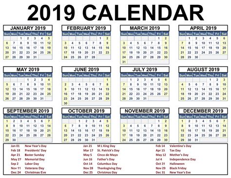 Calendar 2019 Free Printable With Holidays Calendar 2019 Template