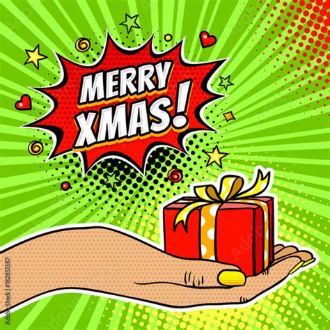 pop art background with female hand holding a t and merry christmas dynamic expression