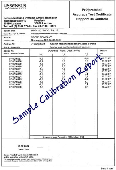 Meinecke Meter Sample Calibration Report Crossco