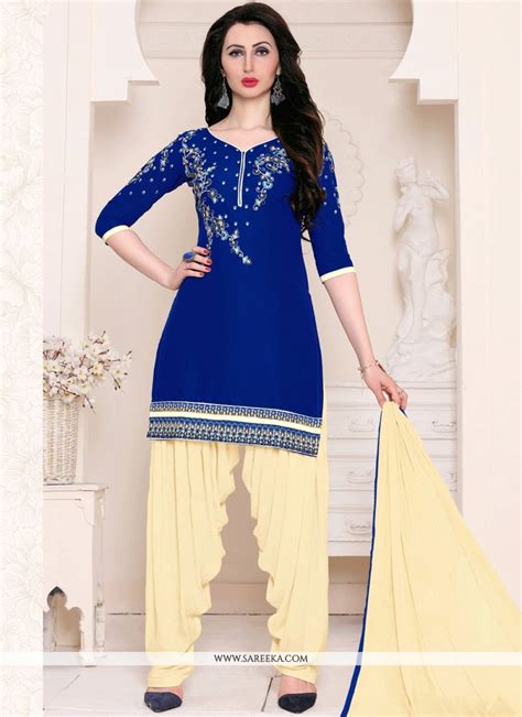 Buy Blue And Cream Lace Work Cotton Punjabi Suit Online Punjabi Suits
