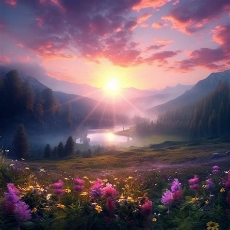 Premium Ai Image A Sunset Over A Mountain Lake With Purple Flowers