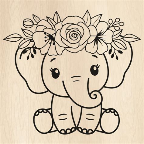 Baby Elephant With Flower Crown Svg Elephant With Crown Png Little