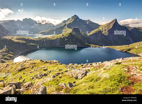 Freshwater Lakes Of Lofoten Islands In Summer Northern Norway Stock