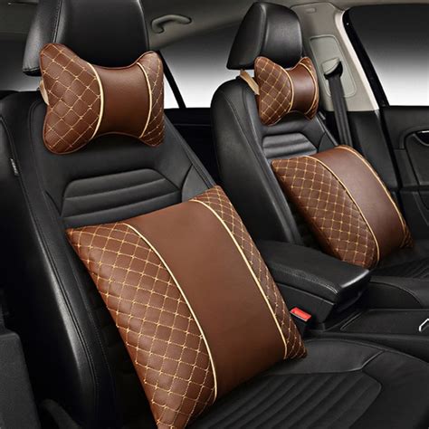 pu leather car neck pillow pad embroidery auto headrest seat cushion nap neck pillow with strap