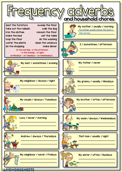 An adverb of frequency tells us how often something takes place. Ejercicio de Frequency adverbs and household chores