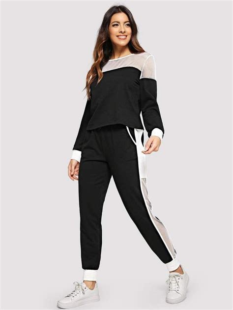 Shein Fishnet Insert Pullover And Sweatpants Activewear Set Activewear