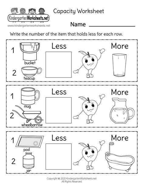 Kindergarten Capacity Worksheets Printable Kindergarten Worksheets