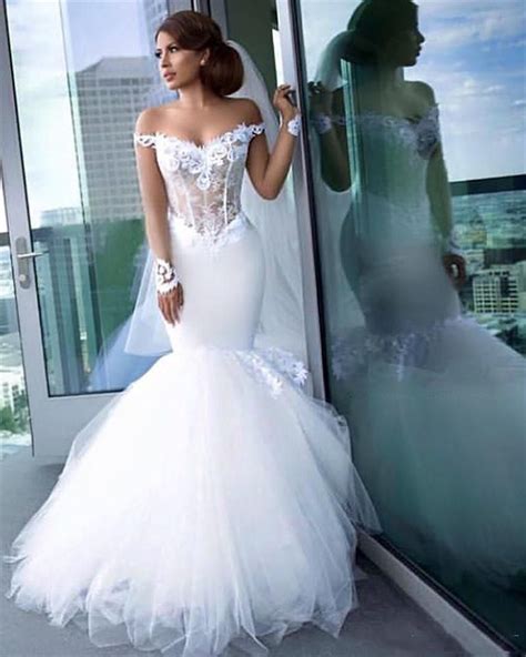 off the shoulder mermaid wedding dresses sheer bodice lace appliques tulle sexy bridal dress