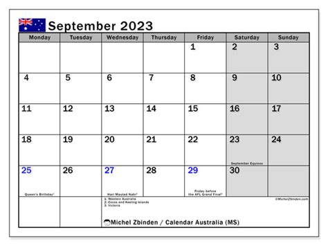 September 2023 Printable Calendar “australia Ms” Michel Zbinden Au
