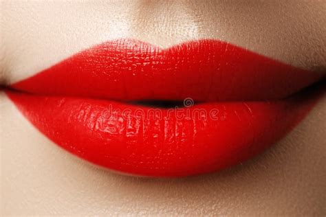 Close Up Shot Of Woman Lips With Red Lipstick Beautiful Perfect Stock