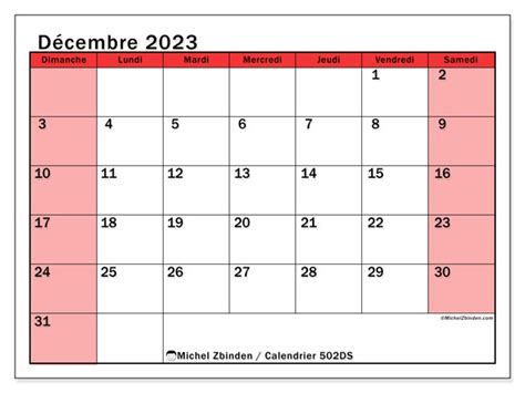 Calendrier Décembre 2023 à Imprimer “481ds” Michel Zbinden Fr