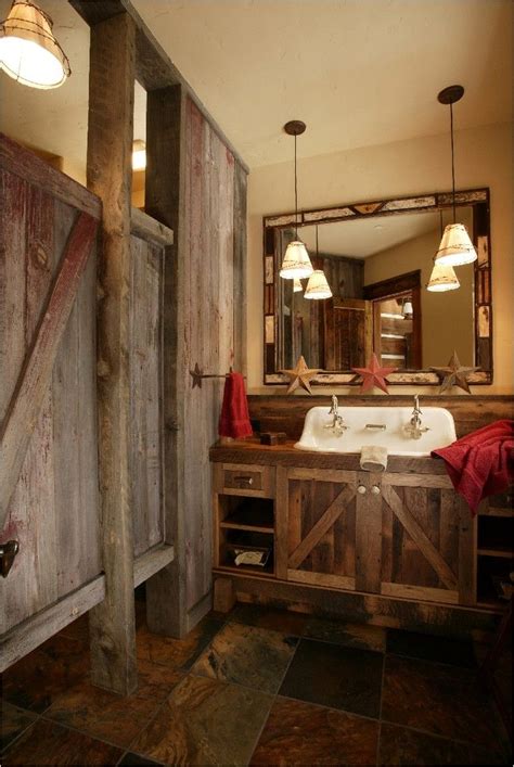 An area rug injects pops of color, while wooden deer antler chandelier doubles as decor. 40+ Perfect Country Rustic Bathrooms Ideas That are truly ...