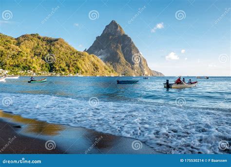 Saint Lucia Caribbean Island Huge Piton Mountains At The Beach Of