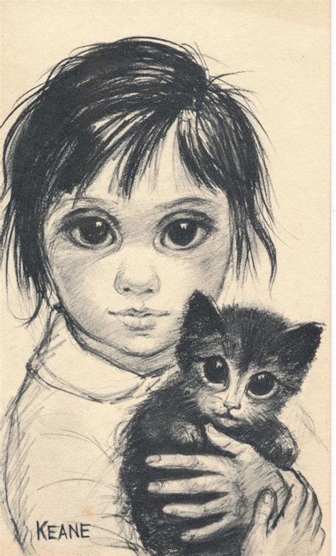 Big Eyes Vintage Print Photo 1960s Girl And Her Cat