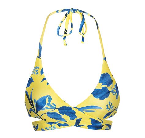 Yellow And Blue Print Wrap Bikini Top Top Lemon Flower Transpassado