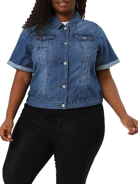 Unique Bargains Womens Plus Size Denim Button Crop Short Sleeve Trucker Jackets