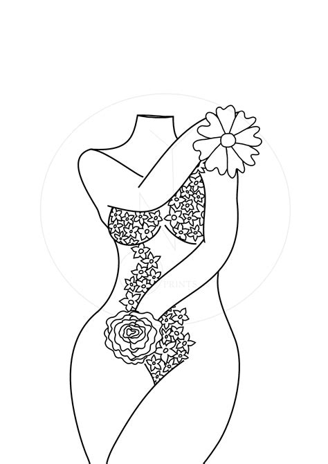 Flower Naked Woman Line Art Aesthetic Woman Body Line Etsy Australia