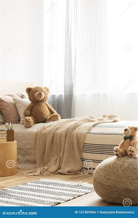 Teddy Bear On Single Bed In Bright Kid`s Room Stock Photo Image Of