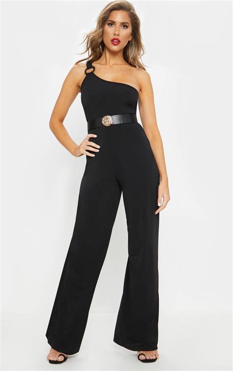 Black One Shoulder Ring Detail Jumpsuit Prettylittlething Ca