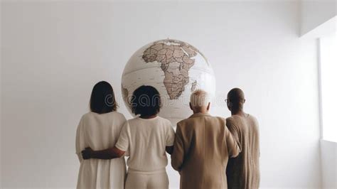 Back Of Diverse People Holding Hands Around A World Globe Stock