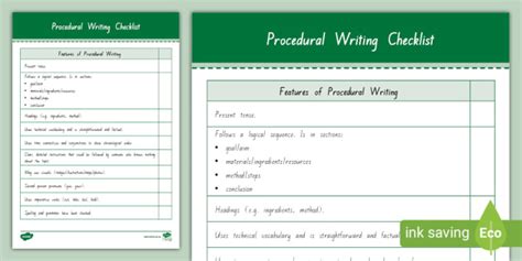 Level 3 Writing Procedural Writing Checklist