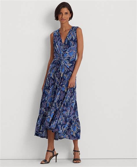 Lauren Ralph Lauren Womens Floral Twist Front Jersey Sleeveless Dress