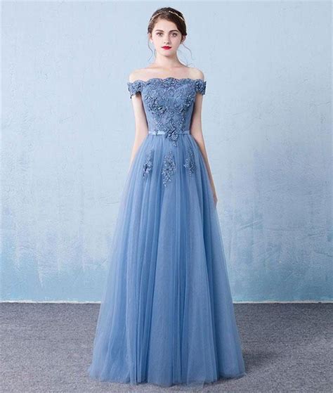 A Line Off The Shoulder Dusty Blue Lace Tulle Prom Dress With Belt