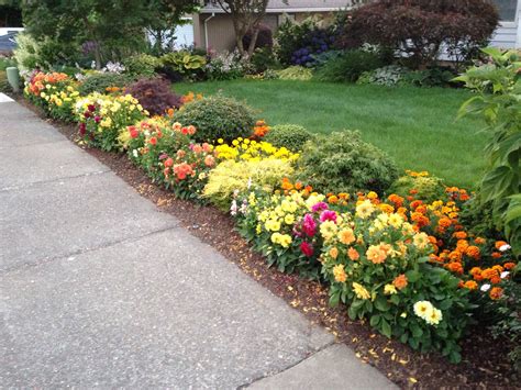 Colorful Flowers Line The Side Of A Sidewalk In Front Of A House With