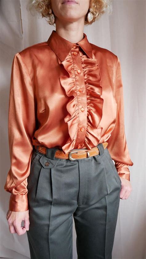 vintage 80 s rust satin ruffled blouse vogelsang silky liquid copper frilled shirt ruffle