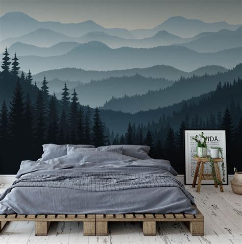 Dark Blue Mountain With Pine Tree Forest Wall Mural
